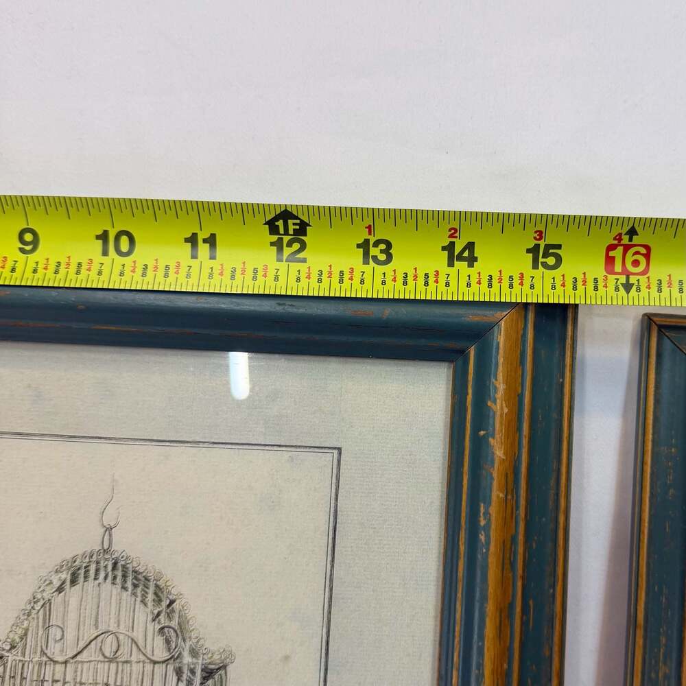 Vintage L. David French Bird Cage Botanical Prints, Distressed Green Frames (2) - Picture 4 of 10